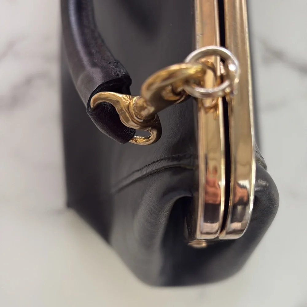 Clare V Black Leather Top-Handle Frame Bag with Gold Hardware